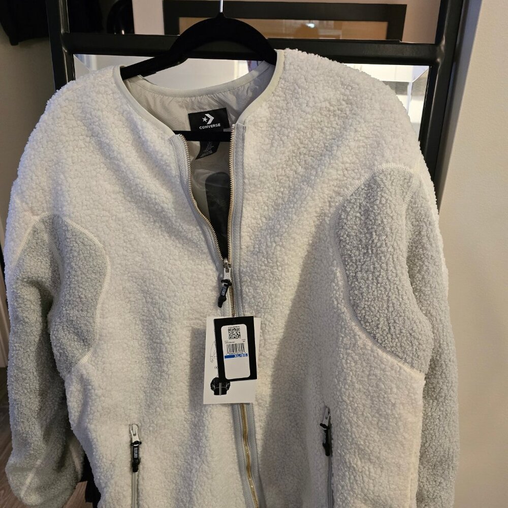 Converse Sherpa Zip Up Jacket Reversible White / Gray Mens Size XL US NEW RARE